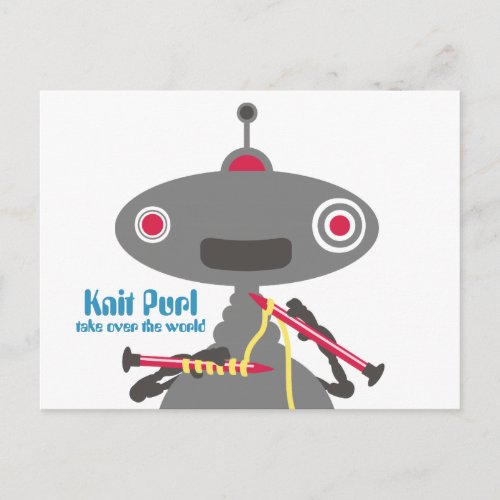 Cute knitting needles yarn robot alien postcard