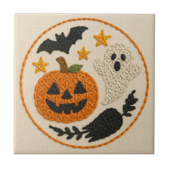 Cute Knitting Pumpkin Halloween Ceramic Tile (Front)
