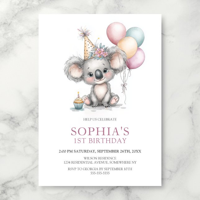 Cute Koala 1st Birthday Party Invitation (Creator Uploaded)