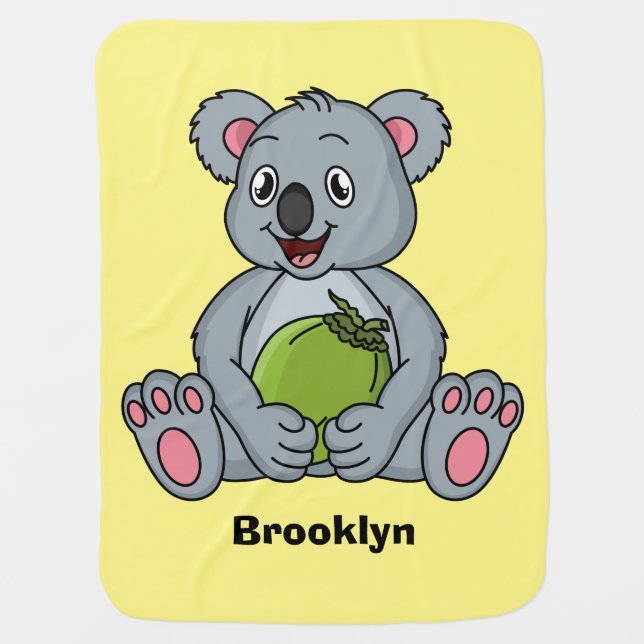 Cute koala and coconut cartoon illustration baby blanket (Front)