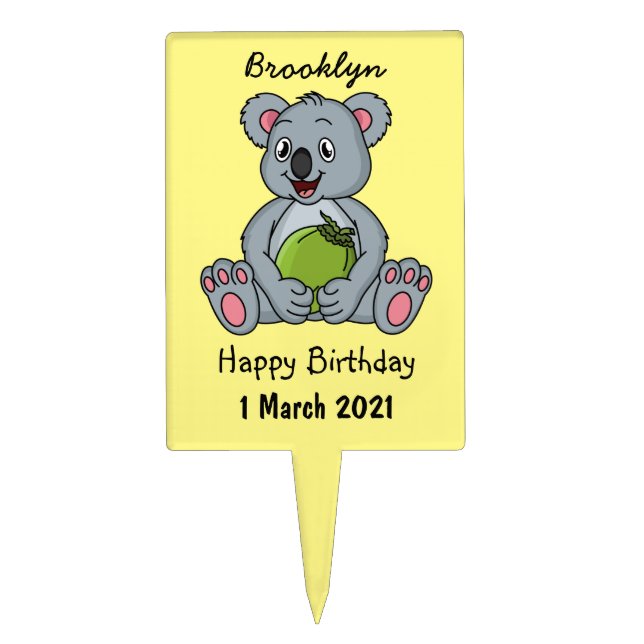Cute koala and coconut cartoon illustration cake topper (Front)