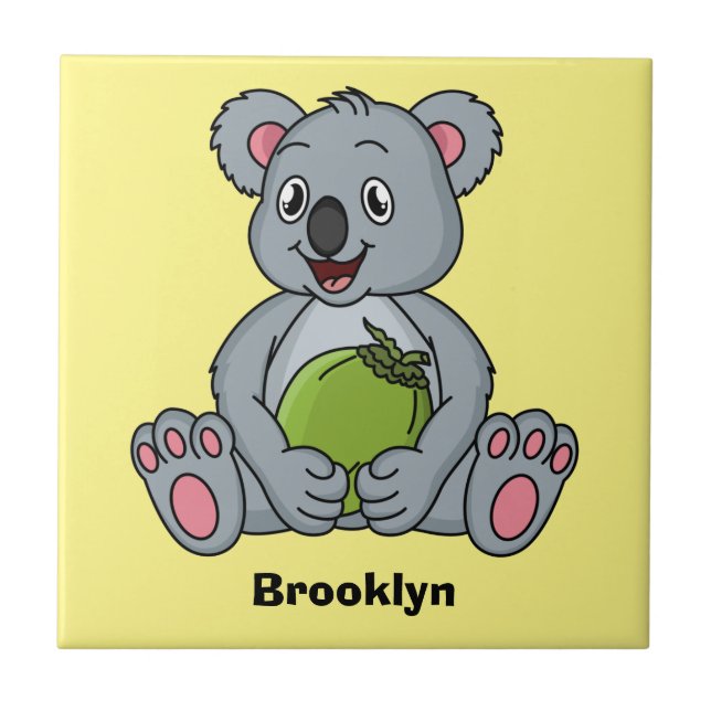 Cute koala and coconut cartoon illustration  ceramic tile (Front)