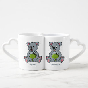 Cute koala and coconut cartoon illustration coffee mug set