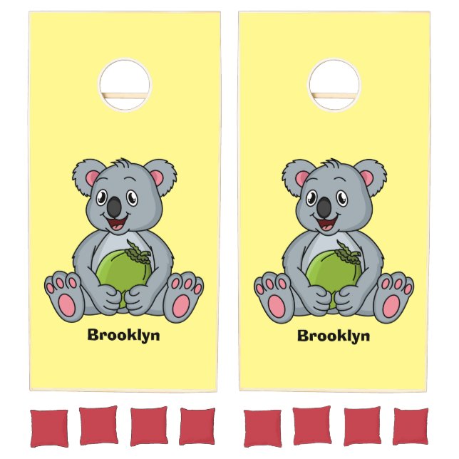 Cute koala and coconut cartoon illustration cornhole set (Set)