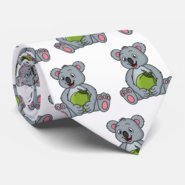 Cute koala and coconut cartoon illustration neck tie (Rolled)