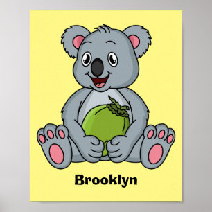 Cute koala and coconut cartoon illustration poster
