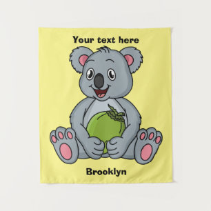 Cute koala and coconut cartoon illustration tapestry