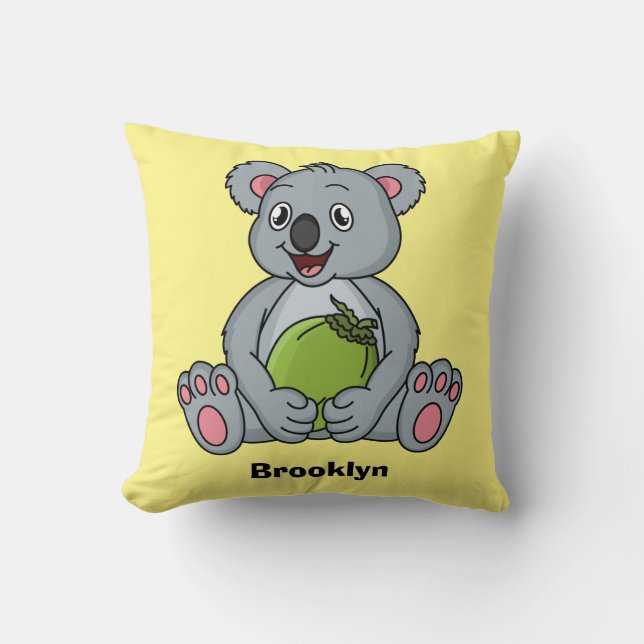 Cute koala and coconut cartoon illustration  throw pillow (Front)