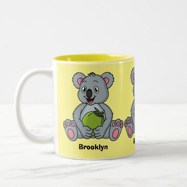 Cute koala and coconut cartoon illustration Two-Tone coffee mug (Left)