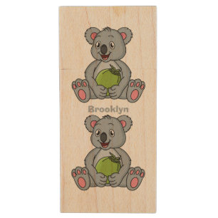 Cute koala and coconut cartoon illustration wood flash drive