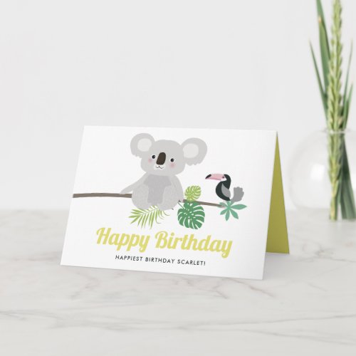 Cute Koala and Toucan Tropical Happy Birthday Card