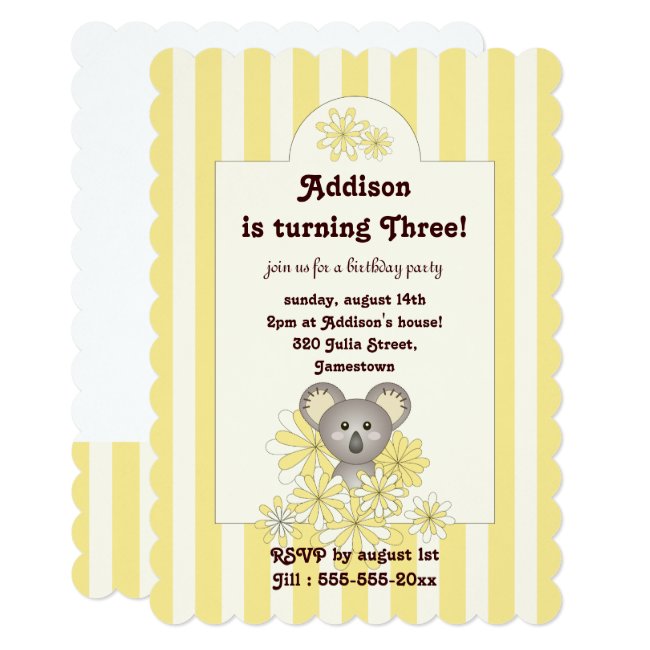 Cute Koala Animal Yellow Kids Birthday Invitations