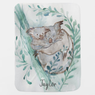 Cute Koala & Baby Watercolor Add Name Teal Nursery Blanket