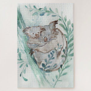 Cute Koala & Baby Watercolor Neutral Nursery Teal Jigsaw Puzzle