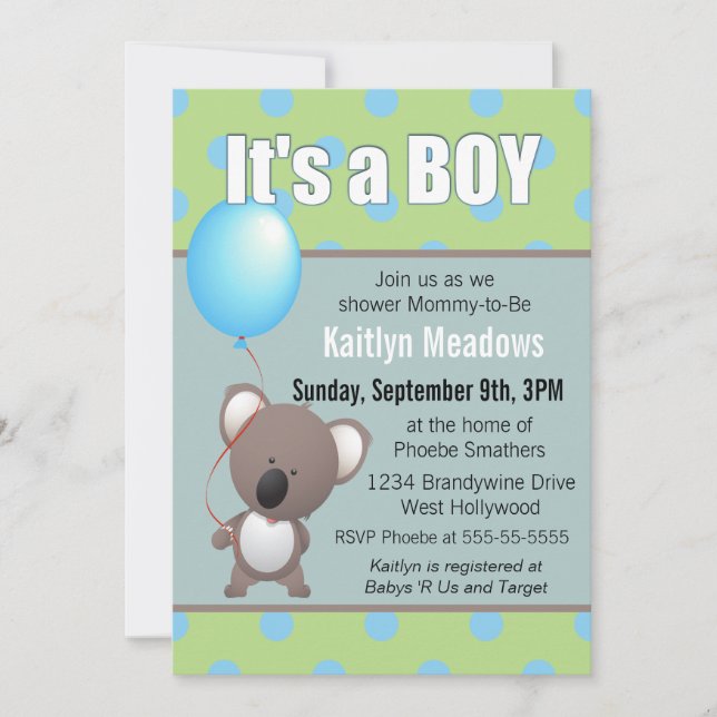 Cute Koala Bear Baby Boy Shower Invitation (Front)