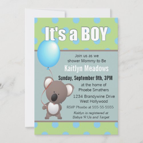 Cute Koala Bear Baby Boy Shower Invitation