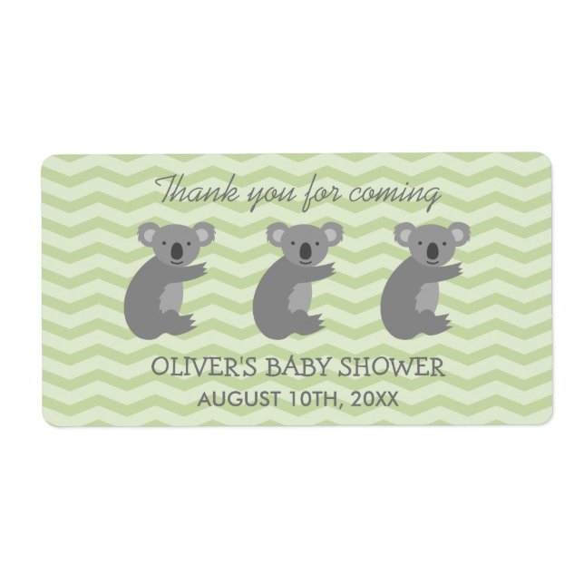 Cute koala bear baby shower water bottle stickers (Front)