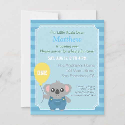 Cute Koala Bear Boy Birthday Party Invitation
