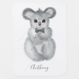 Cute Koala Bear Boy Name Floral Modern Script Baby Blanket