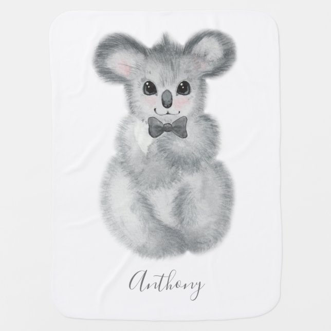 Cute Koala Bear Boy Name Floral Modern Script Baby Blanket (Front)