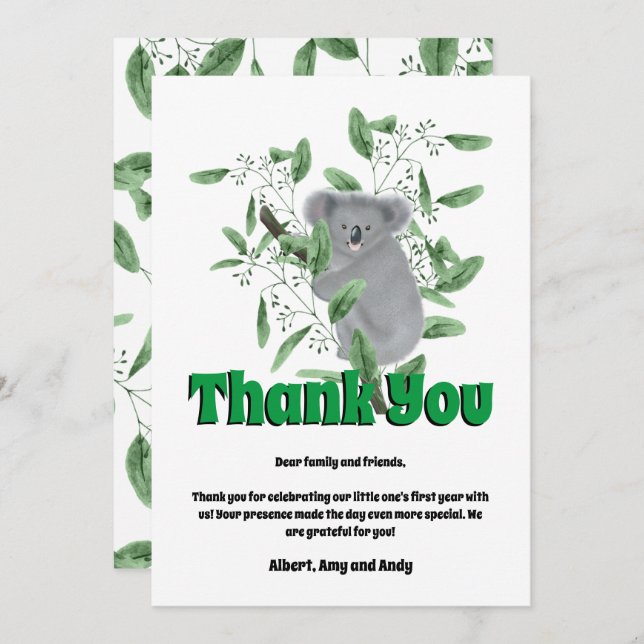 Cute Koala Bear Climbing a Eucalyptus Tree Thank You Card (Front/Back)