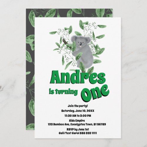 Cute Koala Bear Climbing Eucalyptus Tree Birthday Invitation