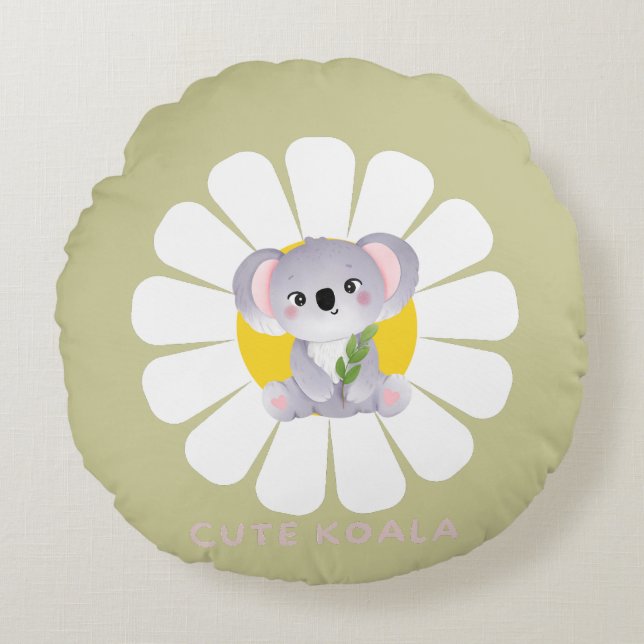 Cute koala Bear daisy flower Zoo Animal Love Round Pillow (Front)