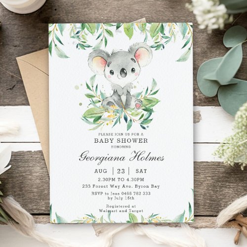 Cute Koala Bear Eucalyptus Greenery Baby Shower Invitation