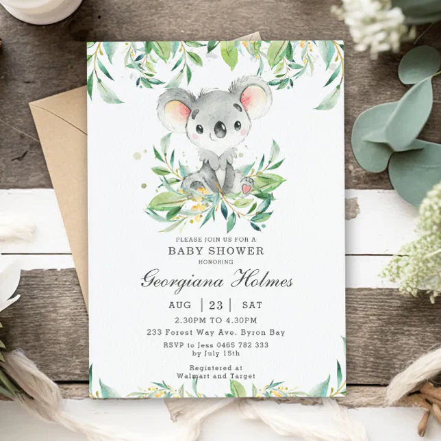 Cute Koala Bear Eucalyptus Greenery Baby Shower Invitation | Zazzle