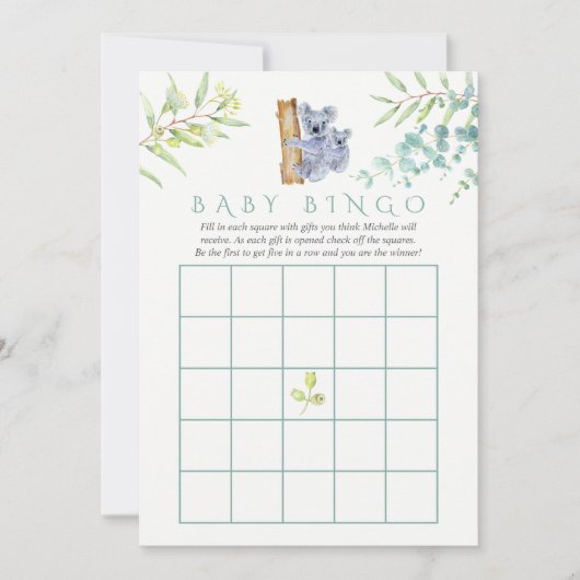 Cute Koala Bear Eucalyptus Leaves Baby Bingo (Front)