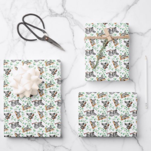 Cute Koala Bear Eucalyptus Leaves Baby Gift Wrapping Paper Sheets