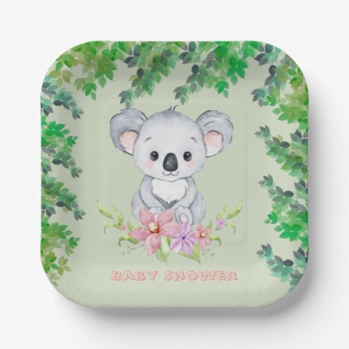 Cute Koala Bear Girl Baby Shower Paper Plates