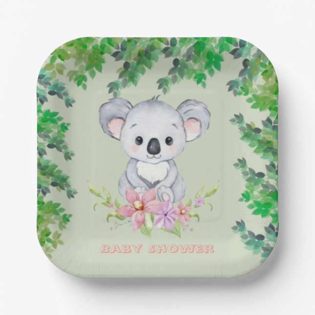 Cute Koala Bear Girl Baby Shower Paper Plates (Front)