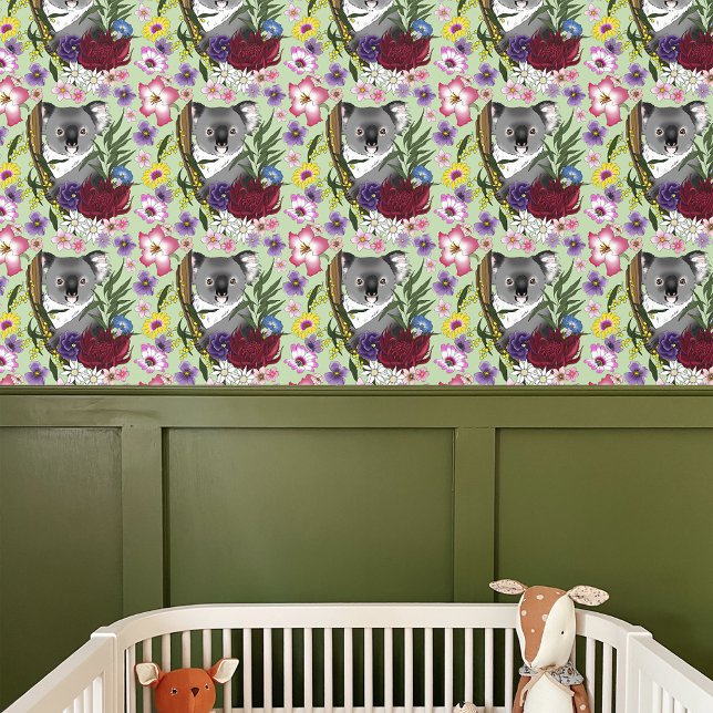 Cute Koala Bear Green Australia Wildlife Floral Wallpaper (Creator Uploaded)
