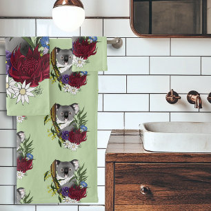 Cute Koala Bear Green Australian Wildlife Floral Bath Towel Set