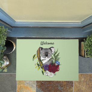 Cute Koala Bear Green Australian Wildlife Floral Doormat