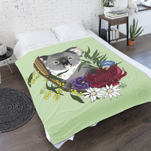 Cute Koala Bear Green Australian Wildlife Floral Fleece Blanket