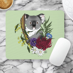 Cute Koala Bear Green Australian Wildlife Floral Mouse Pad