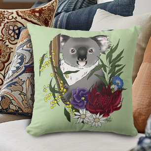 Cute Koala Bear Green Australian Wildlife Floral Throw Pillow