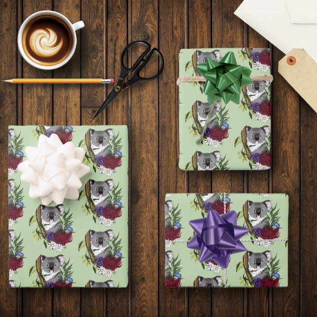 Cute Koala Bear Green Australian Wildlife Floral Wrapping Paper Sheets (Creator Uploaded)
