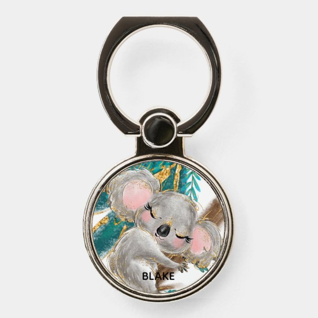 Cute Koala Bear Hugging Tree Name Phone Ring Stand (Front)