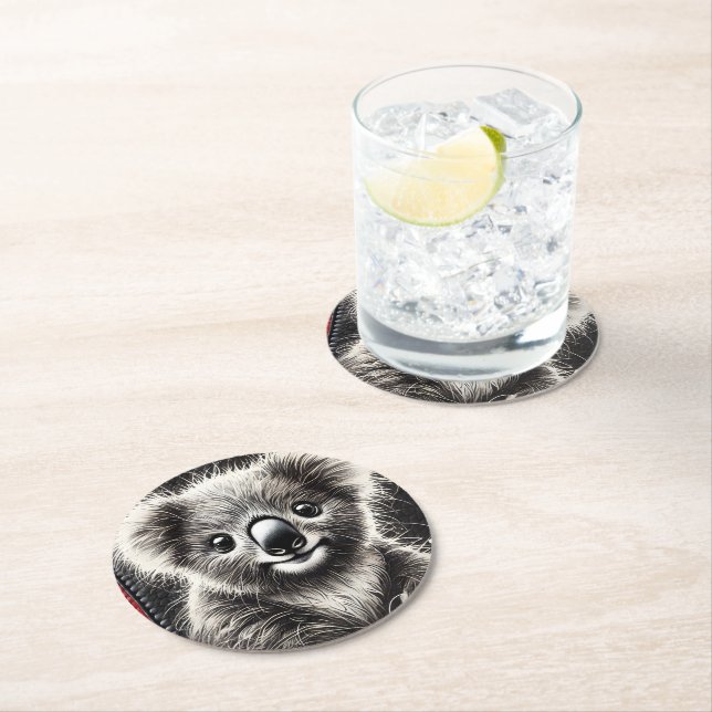 Cute Koala Bear Illustration on Textured Surface Round Paper Coaster (Insitu)