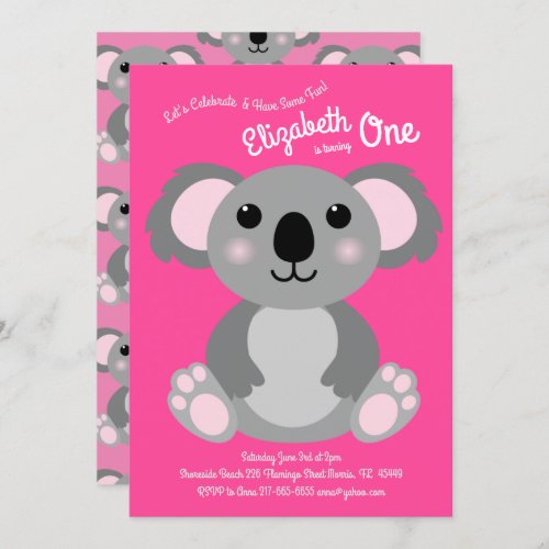 Cute Koala Bear Kids 1st Birthday Party Pink Invitation