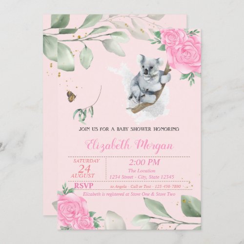 Cute Koala Bear  Leaves Floral Baby Shower Invitation