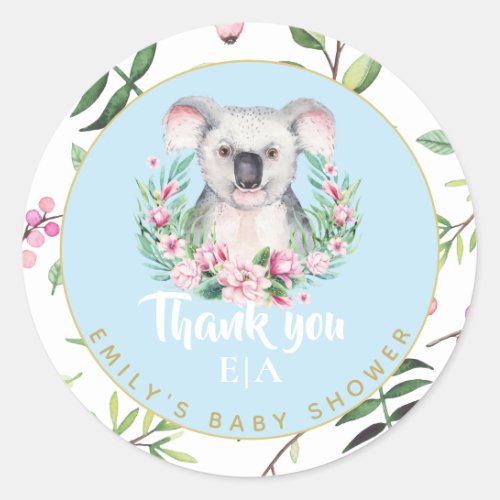 Cute Koala Bear Monogram Baby Shower Thank You Classic Round Sticker