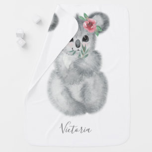 Cute Koala Bear Name Floral Modern Script Baby Blanket