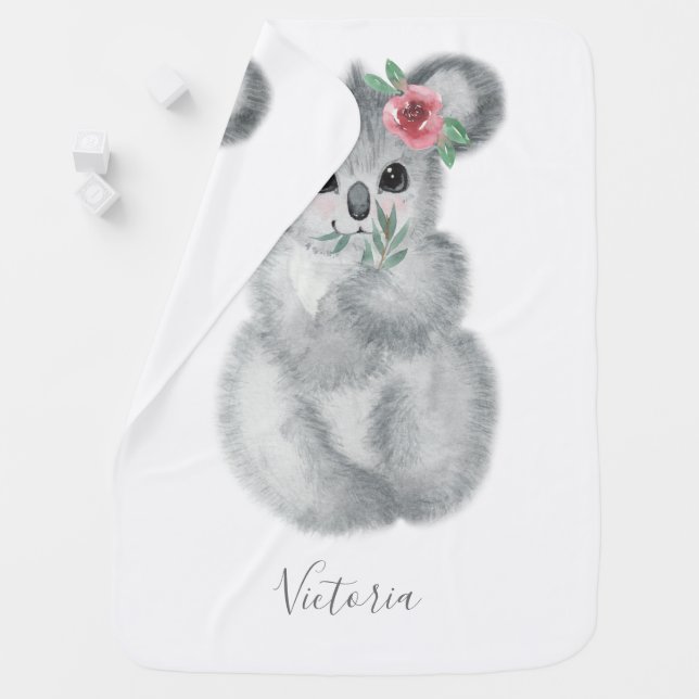 Cute Koala Bear Name Floral Modern Script Baby Blanket (In Situ)