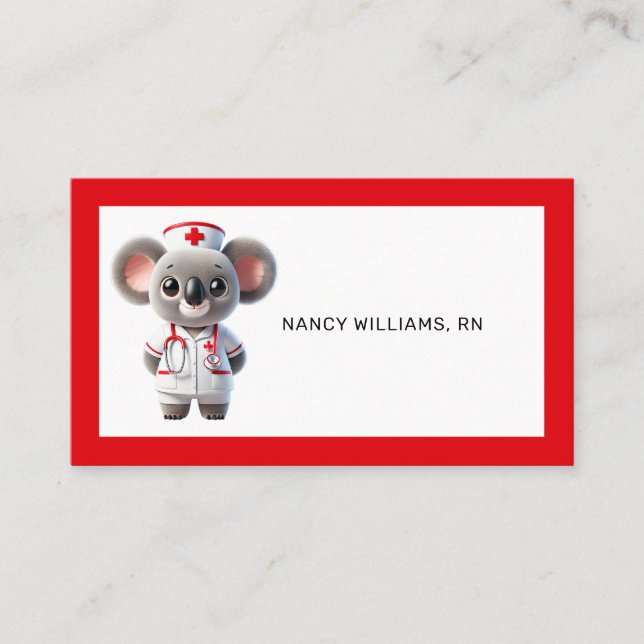 Cute Koala Bear Nurse with Red Stethoscope Business Card (Front)