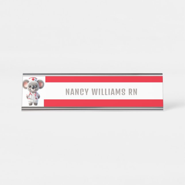 Cute Koala Bear Nurse with Red Stethoscope Desk Name Plate (Front)