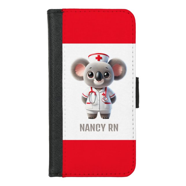 Cute Koala Bear Nurse with Red Stethoscope iPhone Wallet Case (Front)